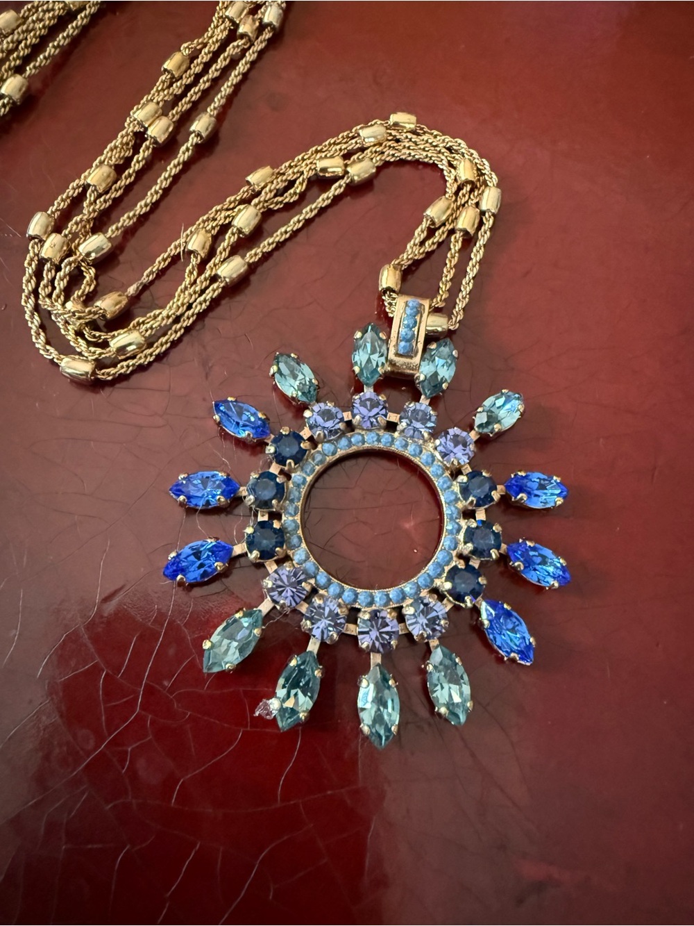 Long Mariana Rose Gold-Tone Sunburst Pendant Necklace Blue & Lavender Crystals